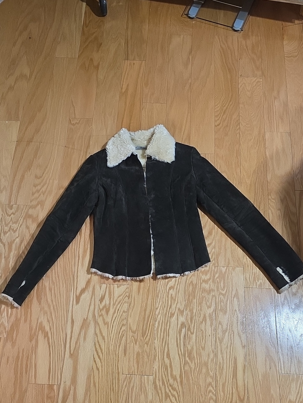 Express Brown Suede Jacket with Cream Faux Fur Collar And Lining Size Small.